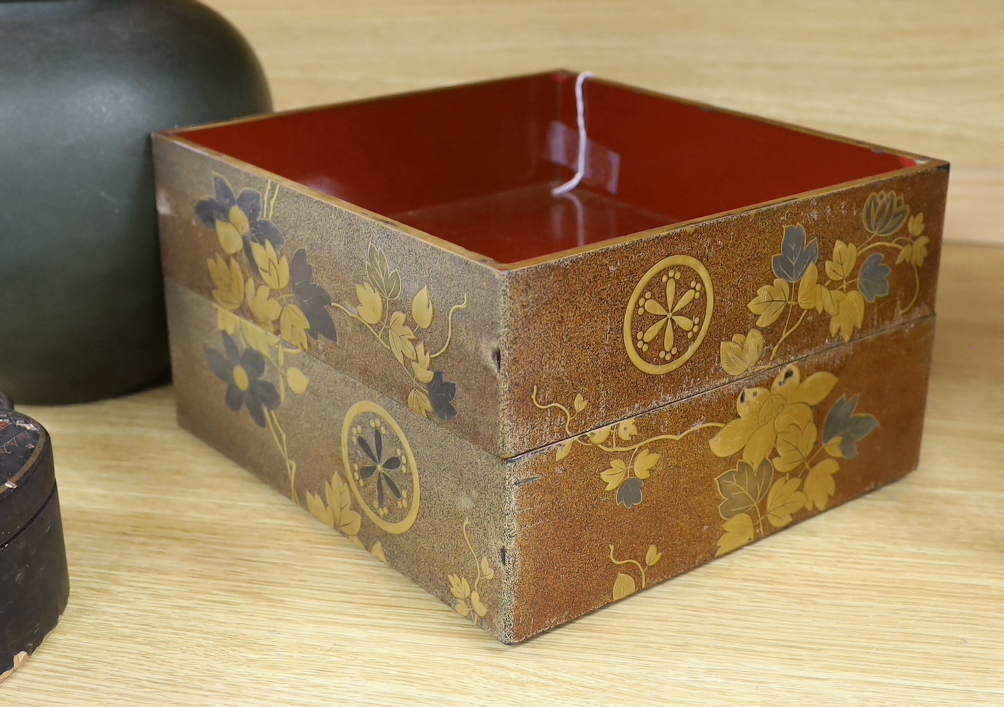 A Japanese bronze jar, a box and two stacking containers, vase 20cm high